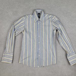 Hugo Boss Dress Shirt Men's Small French Cuff Striped Blue Gray‎ Gold Button Up
